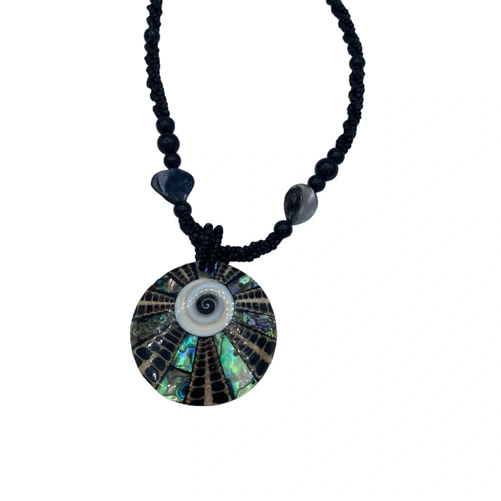 Vintage Abalone mosaic Shell and Seed Bead Necklace Black